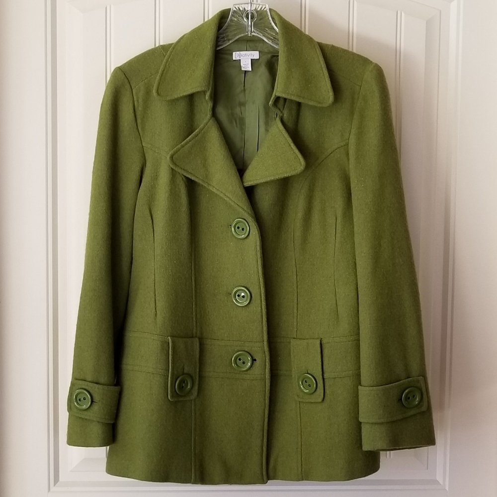 Green Wool Button Pea Coat